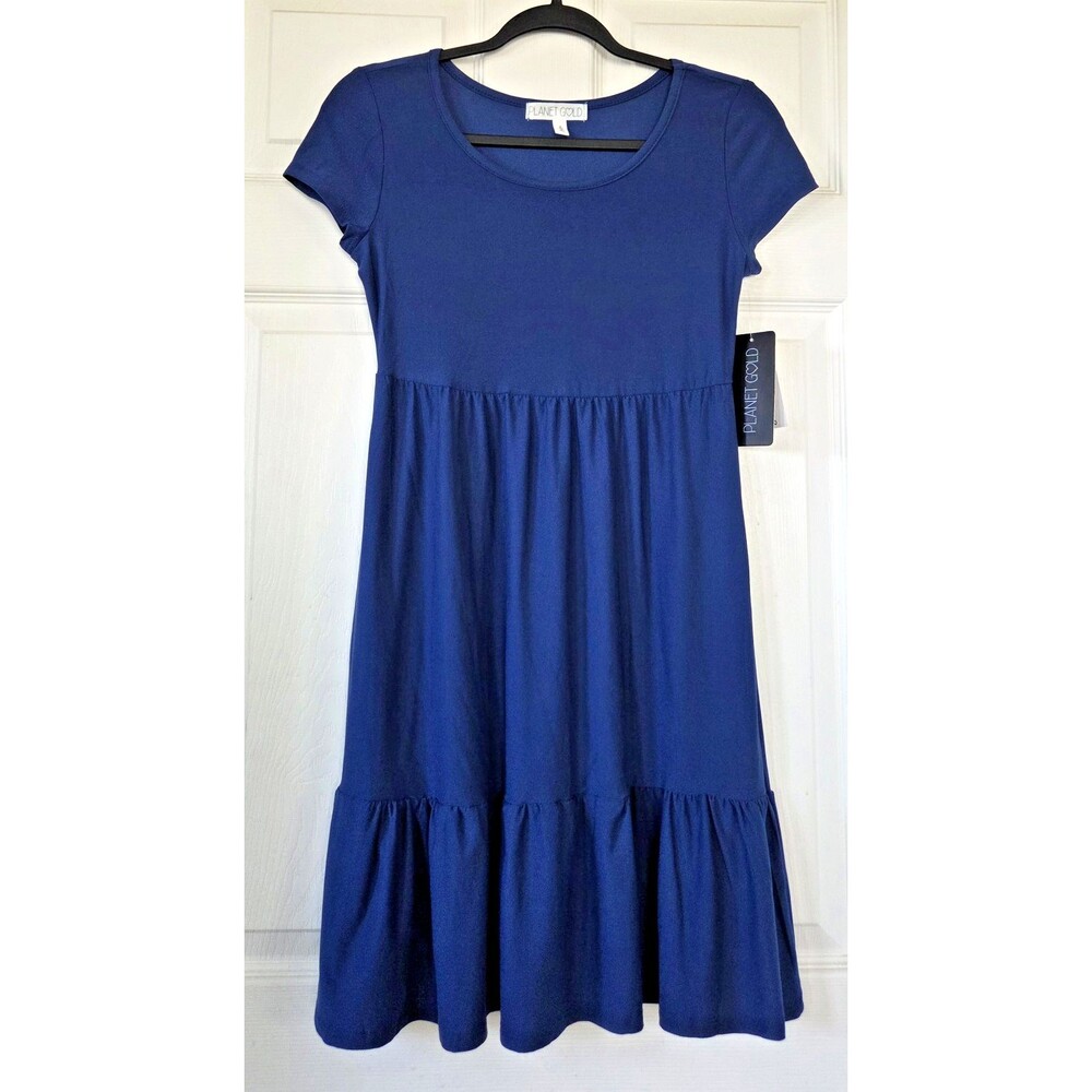 PLANET GOLD Women's Navy Blue Stretch Knit T-Shirt Dress Short Sleeve Size S NWT